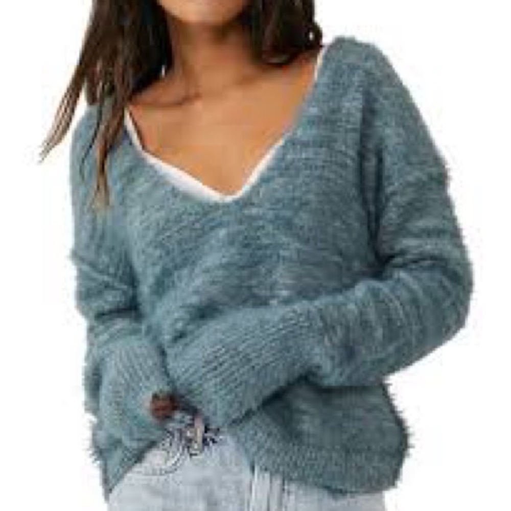 Free People Fuzzy V-Neck Sweater in Spring mist.  Oversized XS!